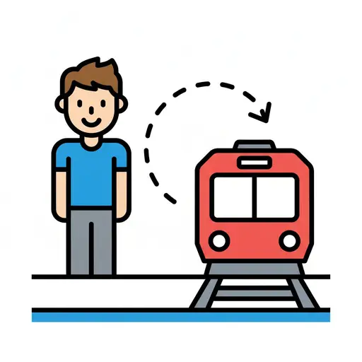 A boy stands on the platform while a dashed arrow points toward a red train on the tracks.