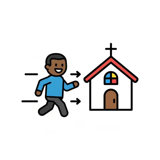 A smiling boy walks toward a church with a cross on the roof.