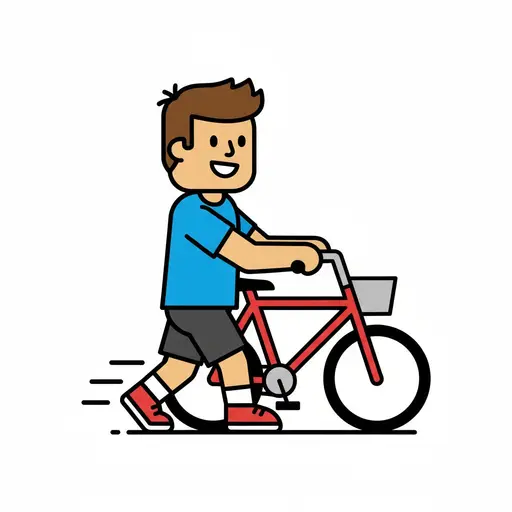 En leende pojke i blå t-shirt och svarta shorts som går bredvid en röd cykel och håller i styret.