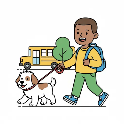 A happy boy with a backpack walks his dog on a leash, with a school bus in the background.