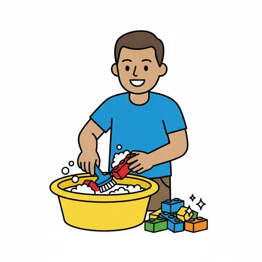 A boy washes building bricks in a tub of water.