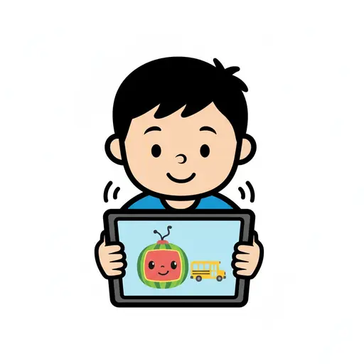 Een jongen houdt een tablet vast en kijkt naar een tekenfilm met een figuurtje en een schoolbus.