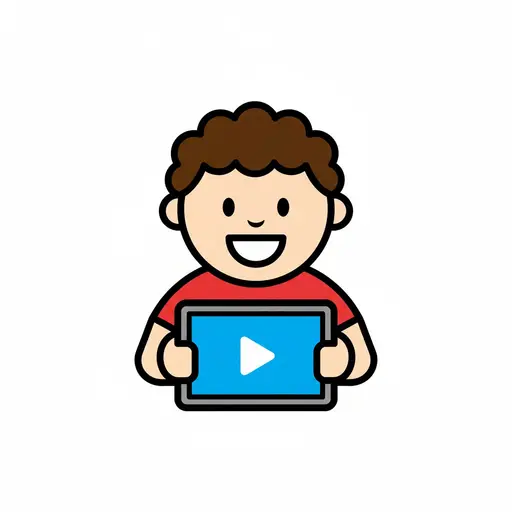 A boy holding a tablet with a smiley face on the screen and watching it.
