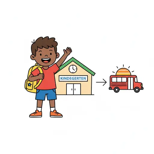 A boy with a backpack waves by the preschool with a bus nearby.
