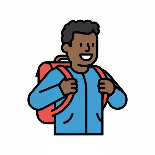 Een jongen in een blauwe jas pakt de banden van zijn rode rugzak vast.