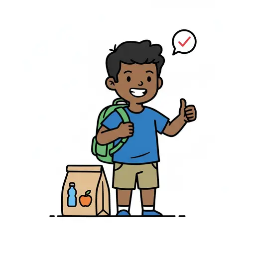 Ein lachender Junge mit grünem Rucksack zeigt Daumen hoch neben einer Papiertüte mit Trinkflasche und Apfel, dazu eine Sprechblase mit Häkchen.