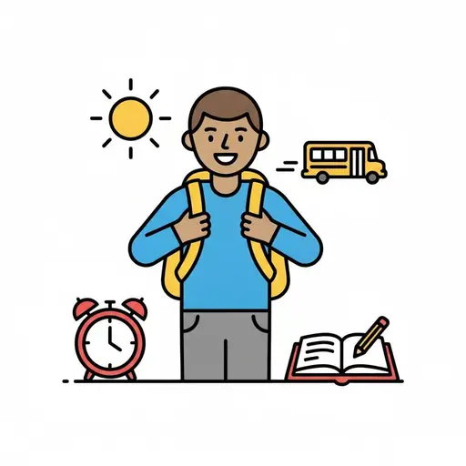 A boy with a backpack in the morning sun, with an alarm clock, an open book and a school bus.