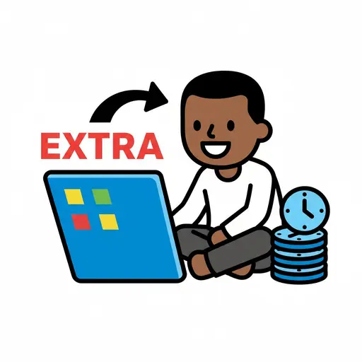 A boy sitting with a laptop and a stack of tokens with a clock, with the word 'EXTRA' and an arrow.