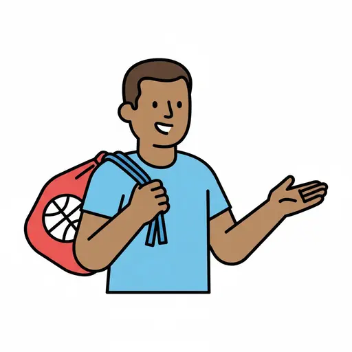 Een jongen houdt een rode gymtas over zijn schouder en lacht.