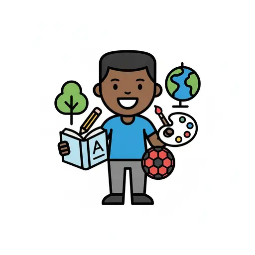 En gutt står med en åpen bok og er omgitt av symboler for blyant, globus, malerpalett og fotball.