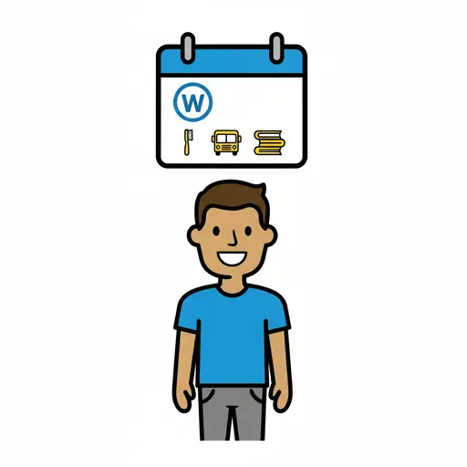 Een jongen staat onder een kalender met een 'W' voor woensdag. Onder de kalender staan pictogrammen van een tandenborstel, een schoolbus en boeken, die de routines van de dag voorstellen.