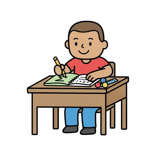 Een jongen zit aan een bureau te schrijven in een rekenboek waarin 1+2= staat, met een liniaal en kraaltjes naast zich.