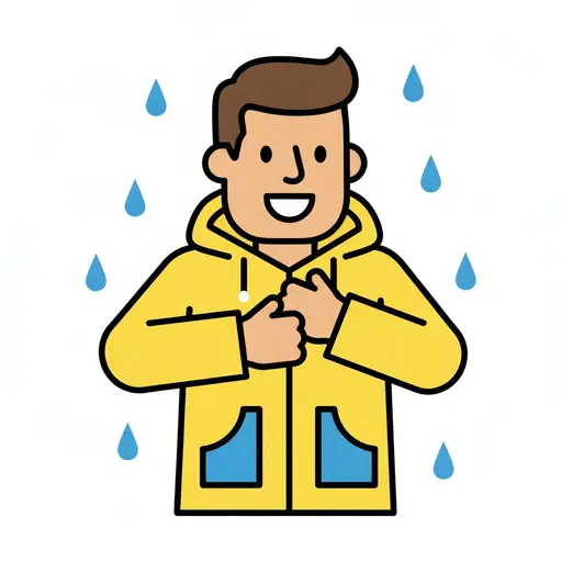 Een jongen doet zijn gele regenjas dicht terwijl er regendruppels om hem heen vallen.