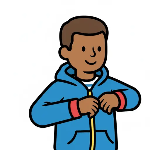 Een persoon doet de rits van een blauwe jas met capuchon dicht.