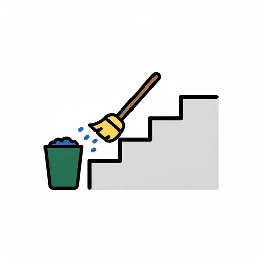 Ein Besen fegt eine graue Treppe, daneben ein grüner Eimer.