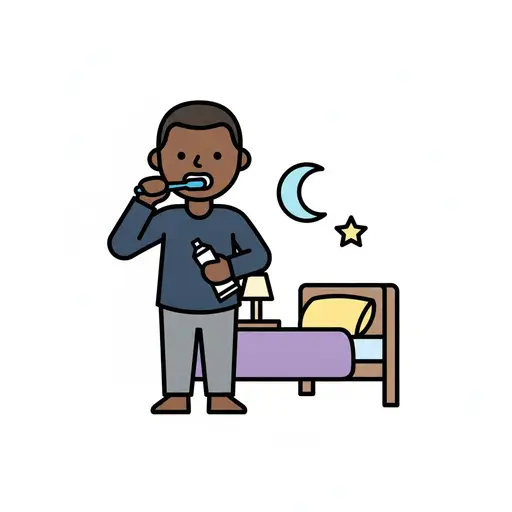 Een persoon poetst zijn tanden bij een bed met een maan en ster aan de hemel.