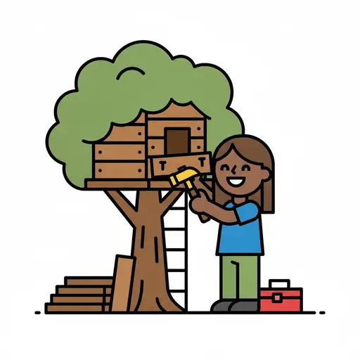 Een kind bouwt een boomhut in een boom met een gereedschapskist op de grond.