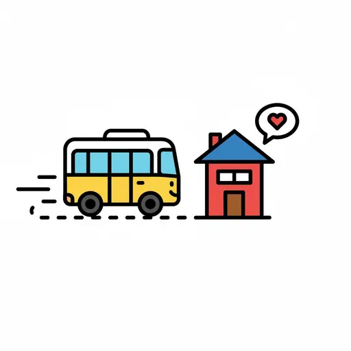 En gul bus med fartlinjer kører mod et rødt hus med et hjerte i en taleboble over det.