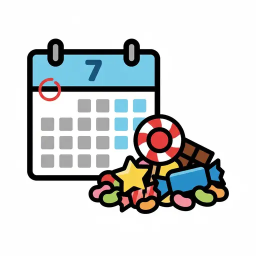 Een kalender met de zevende dag met een rode cirkel erom, naast een berg snoep.