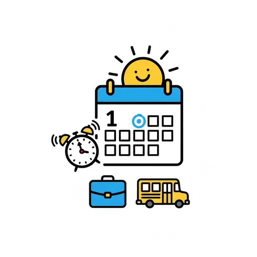 A calendar with day 1 circled sits under a smiling sun, an alarm clock ringing at its side and a blue bag and yellow school bus below.