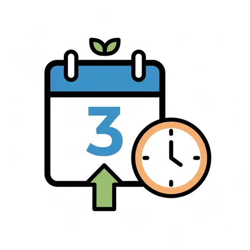Een kalender met een blauw cijfer drie, een klein groen kiemplantje erboven en een groene pijl eronder, naast een klok met een oranje rand.