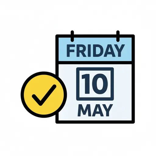 Een kalenderblad met vrijdag 10 mei en een geel vinkje.