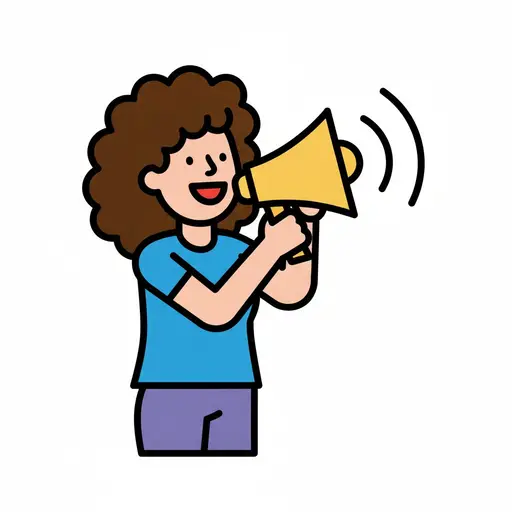 A person holds up a megaphone and calls out, with sound waves from the horn.