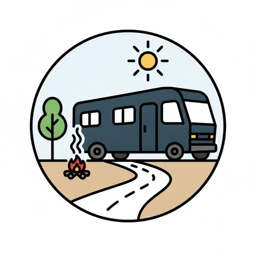 A camper van parked at a campsite with a small campfire, a tree, and the sun in the sky.