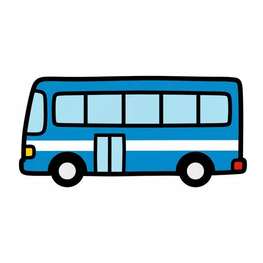 En tegneserieillustration af en blå bus med hvide striber og sorte vinduer.