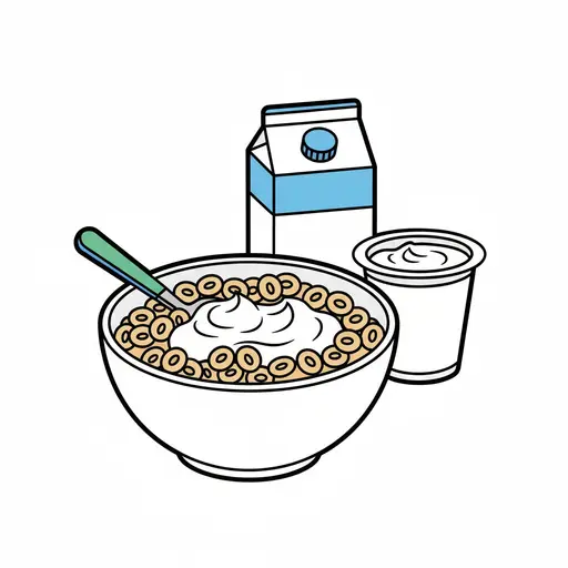 Een kom ontbijtgranen met yoghurt, een lepel, een pak melk en een klein bakje yoghurt ernaast.