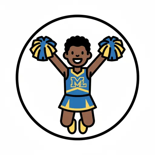 A smiling cheerleader in a blue and yellow uniform with the letters ML on the chest jumping with two pompoms raised, framed by a circle.