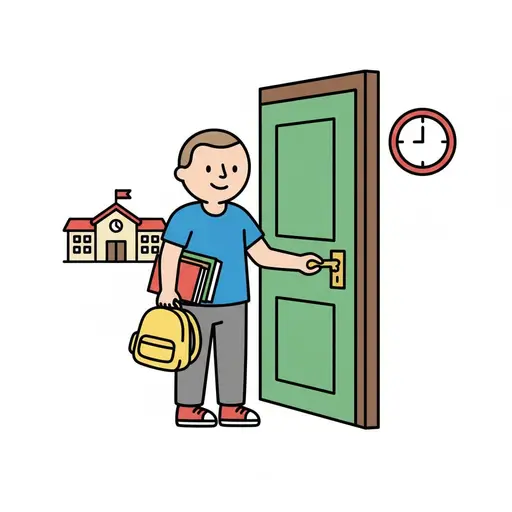 A child with a backpack and books opens the front door, with the school and a clock in the background.