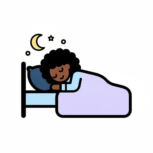 Een kind ligt te slapen op een donkerblauw kussen onder een lichtpaars dekbed, met een maan en sterren boven het bed.