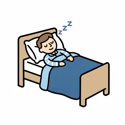 Een kind in een gestreepte pyjama slaapt onder een blauwe deken, met zzz boven het hoofd.