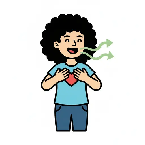 A child with closed eyes holds both hands to their chest and breathes out, with two green arrows showing the exhale.
