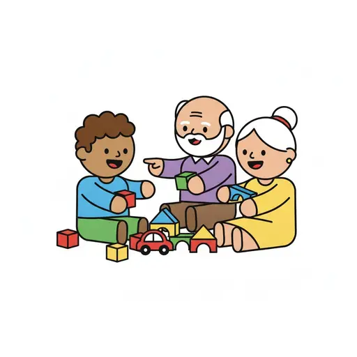 A child sits on the floor building with blocks together with two older people.