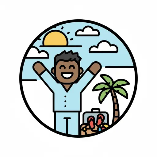 Een blij kind steekt zijn armen omhoog voor een strand met een palmboom en een koffer onder een zon.