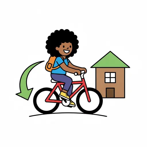 Een lachend kind met een oranje rugzak fietst op een rode fiets naar een huis met een groen dak, met een groene pijl erachter.