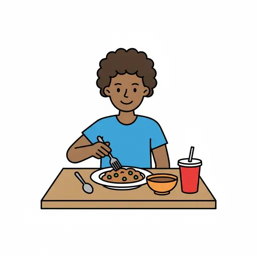 Een kind zit aan tafel te eten van een bord, met een kom en een rode beker ernaast.