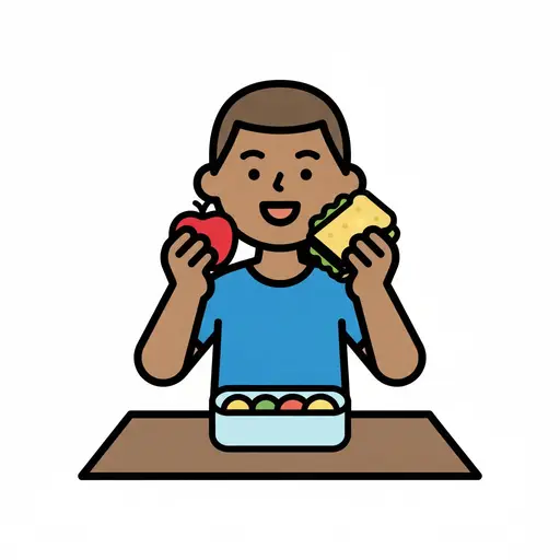 Een kind houdt in de ene hand een appel en in de andere een boterham, met een lunchtrommel op tafel.