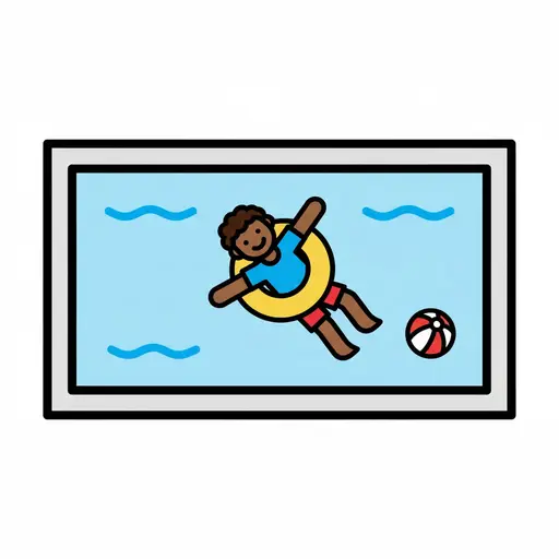 Et barn flyter i en badering i et basseng med en badeball.