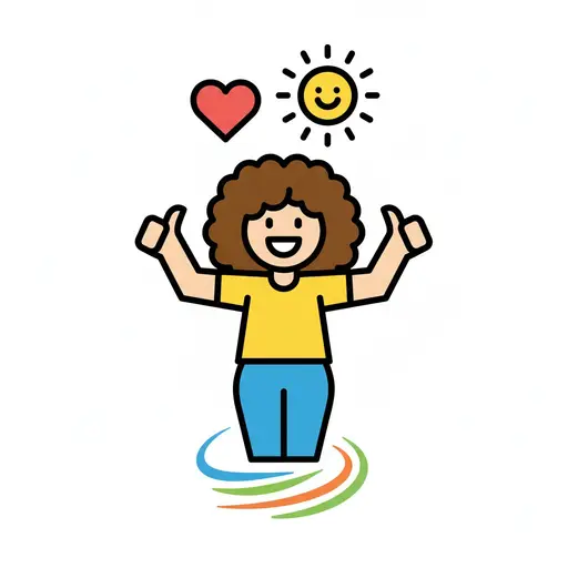 A child stands with arms up smiling, with a heart and a happy sun above.