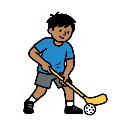 Ein Kind schlägt den Ball mit einem gelben Unihockeyschläger.