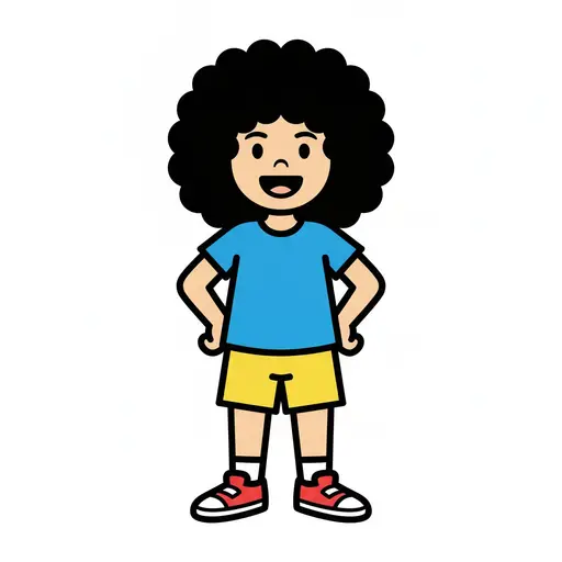 Ein fröhliches Kind steht in blauem T-Shirt und gelben Shorts.
