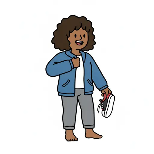 Een kind in een jas staat op blote voeten met een paar schoenen in zijn hand.