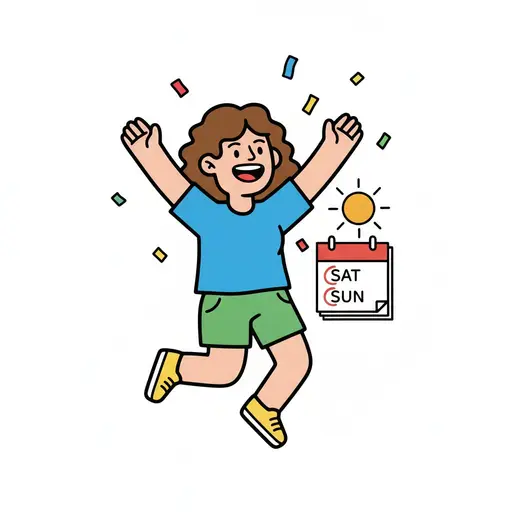 A child jumps happily amid confetti beside a weekend calendar.