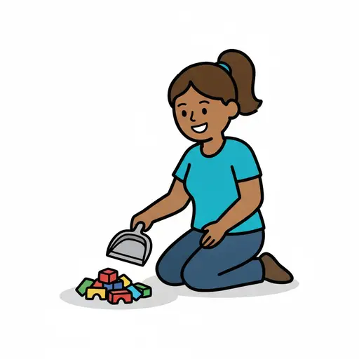 A smiling child with a ponytail kneels on the floor and moves a grey dustpan towards a pile of colourful building blocks.