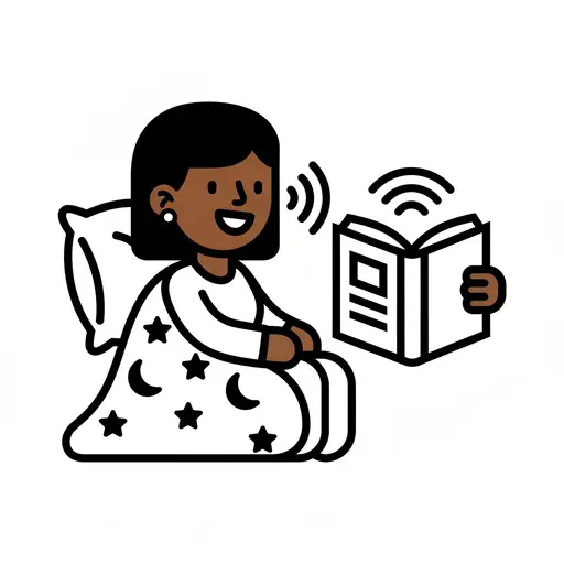Een kind ligt in bed naar een boek met geluidsgolven te luisteren.