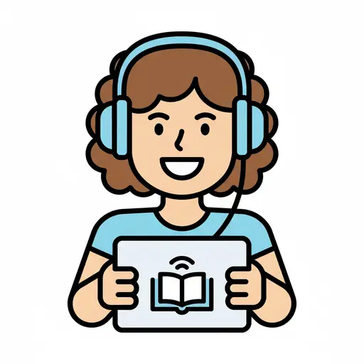 Hymyilevä lapsi kuulokkeet päässä pitää tablettia, jossa näkyy kirja ja äänisymboli.