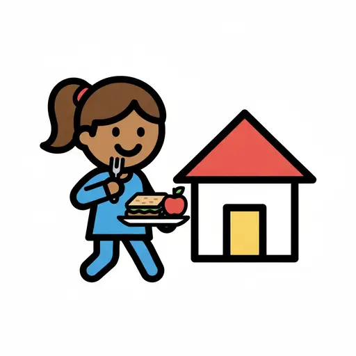 Een kind draagt een bord eten naar een huis.